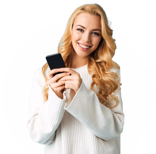 Creeaza-ti cont gratuit pe woot.ro Femeie zambitoare tine un telefon - creeaza cont gratuit pe woot.ro si incepe sa economisesti timp si bani